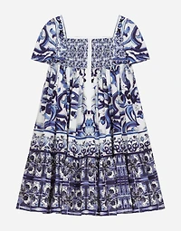 Long majolica-print poplin dress