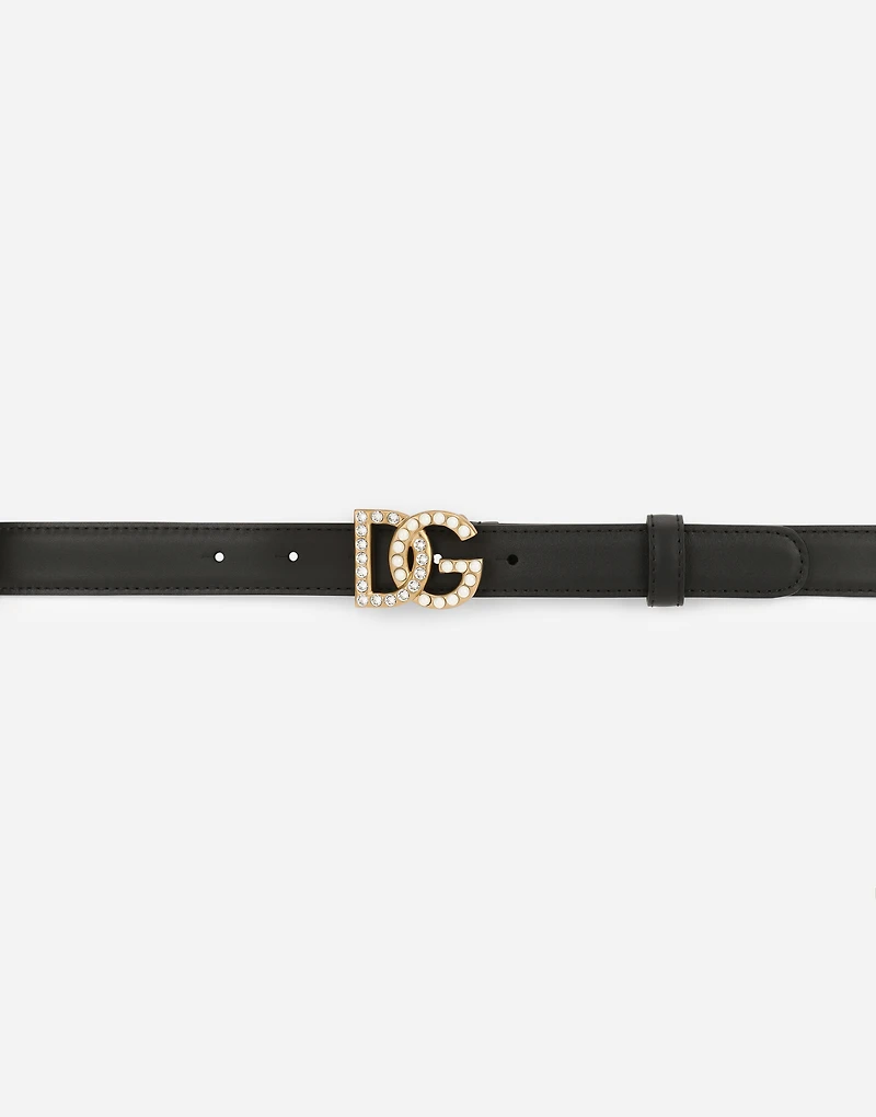 Calfskin belt with DG logo rhinestones and pearls