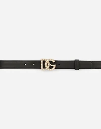 Calfskin belt with DG logo rhinestones and pearls