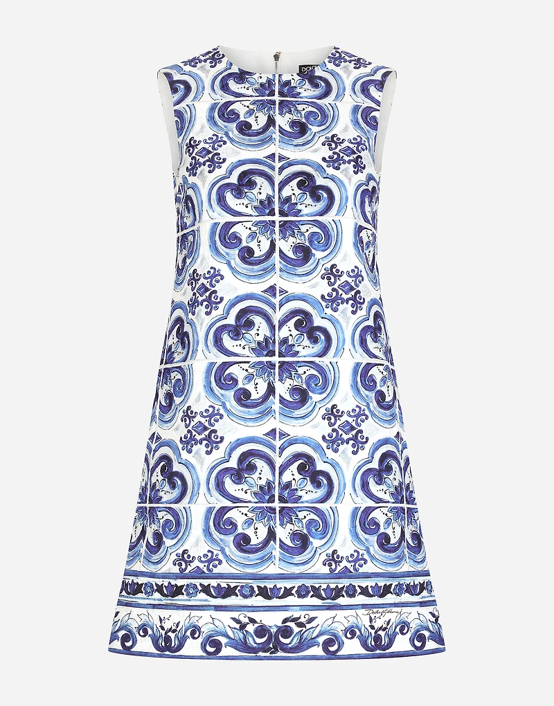 Short majolica-print brocade dress