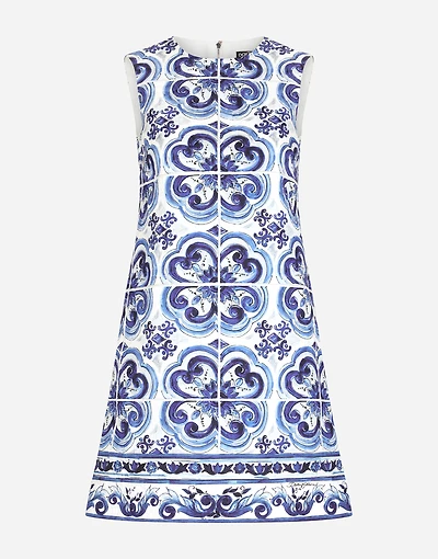 Short majolica-print brocade dress