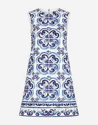 Short majolica-print brocade dress