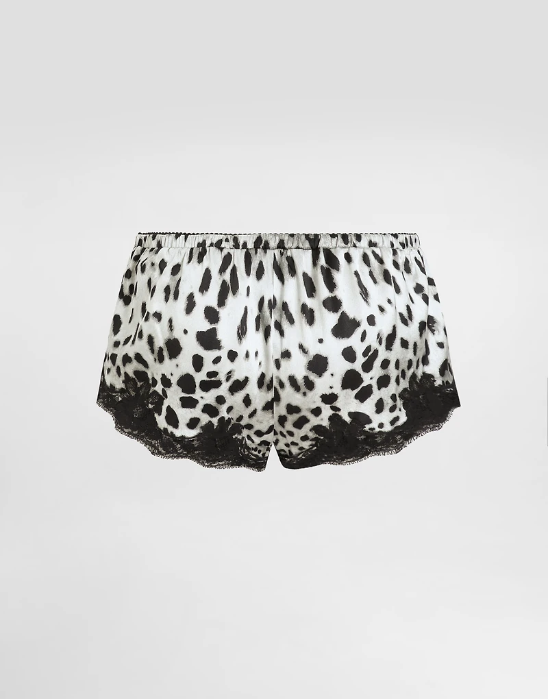 Leopard-print satin shorts with lace inserts