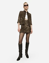 Short wool skirt with jacquard leopard design