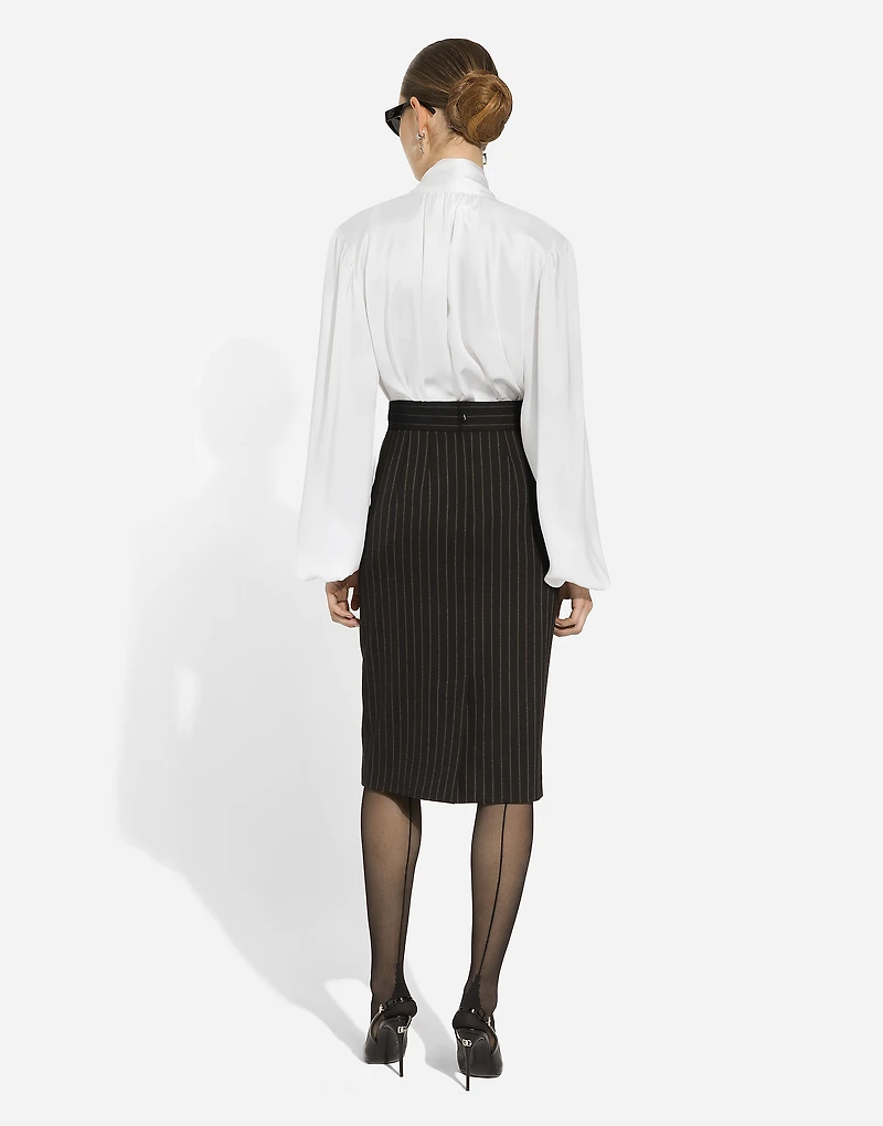 Short straight-cut pinstripe wool skirt
