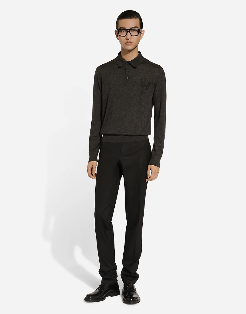 Long-sleeved cashmere polo-shirt with embroidered logo