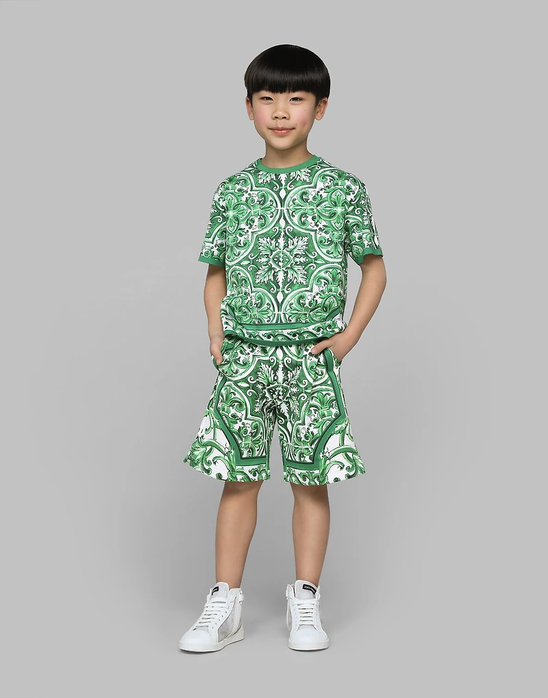 Jersey shorts with green majolica print