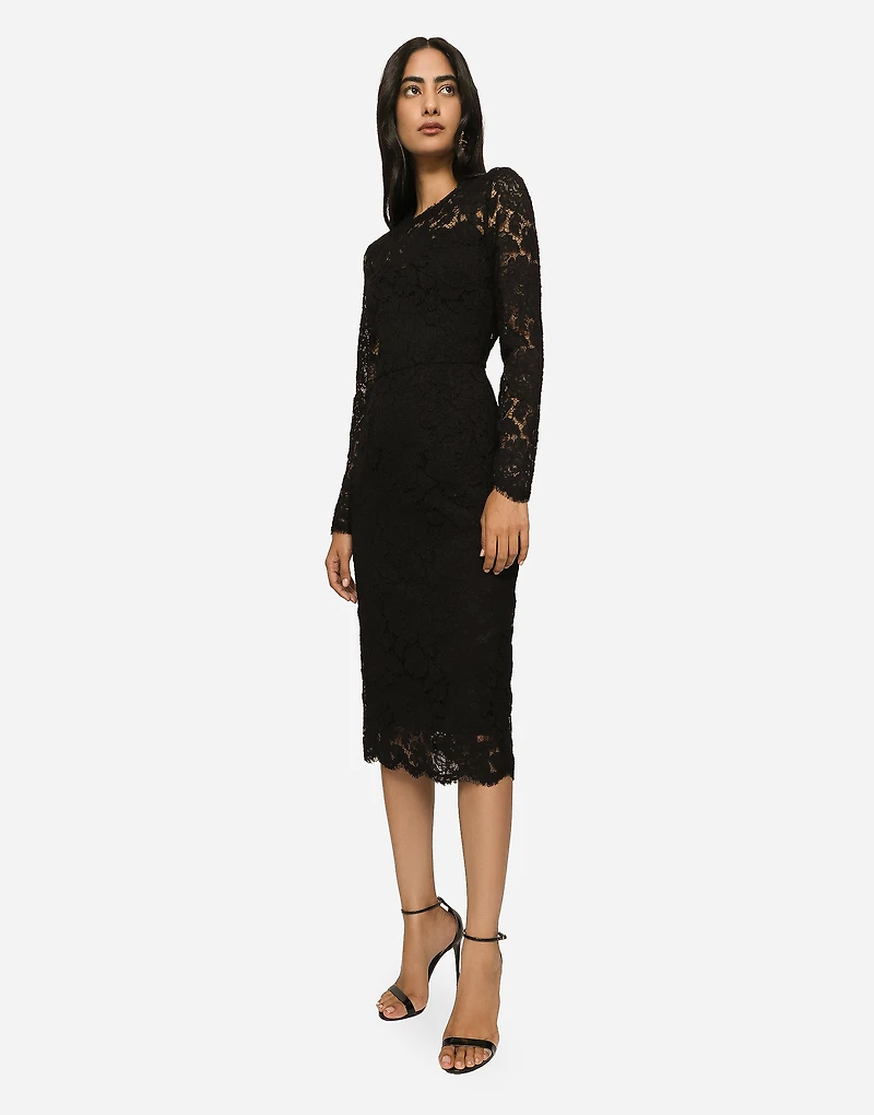 Long-sleeved calf-length dress branded stretch lace