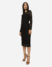 Long-sleeved calf-length dress branded stretch lace