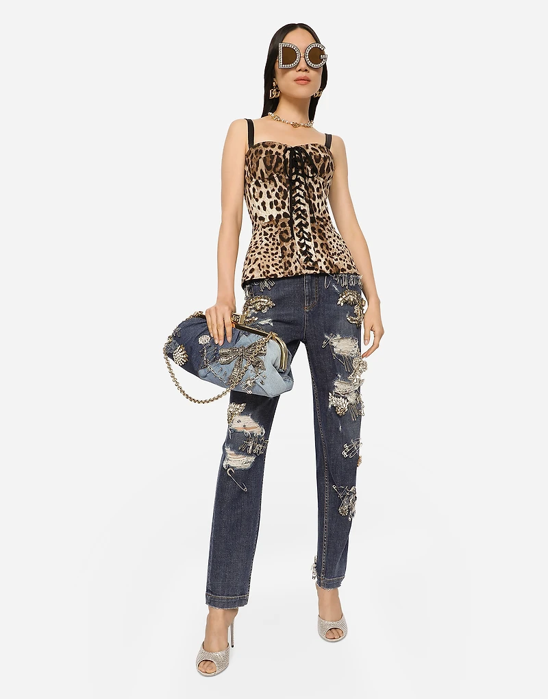 Leopard-print drill shaper corset with laces