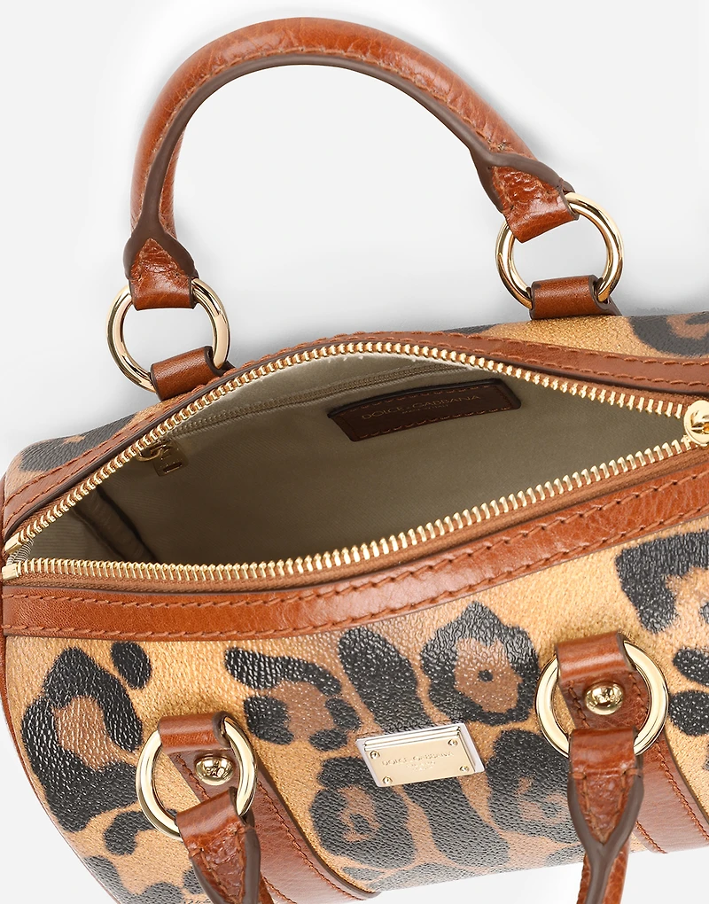 Small box satchel in leopard-print Crespo with branded plate