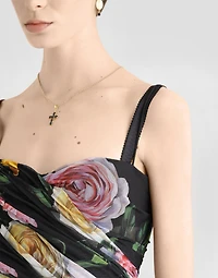 Short tulle dress with draping and peony rose print