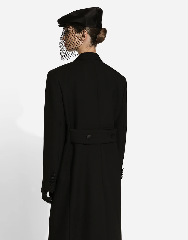 Long double-breasted tuxedo coat double wool gabardine