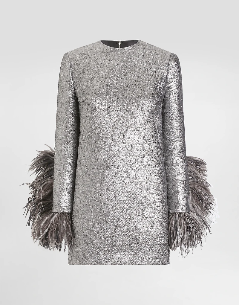 Quilted lamé jacquard sack minidress with feathered cuffs