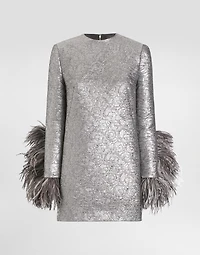 Quilted lamé jacquard sack minidress with feathered cuffs