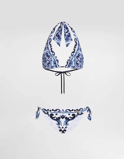 Majolica-print triangle bikini