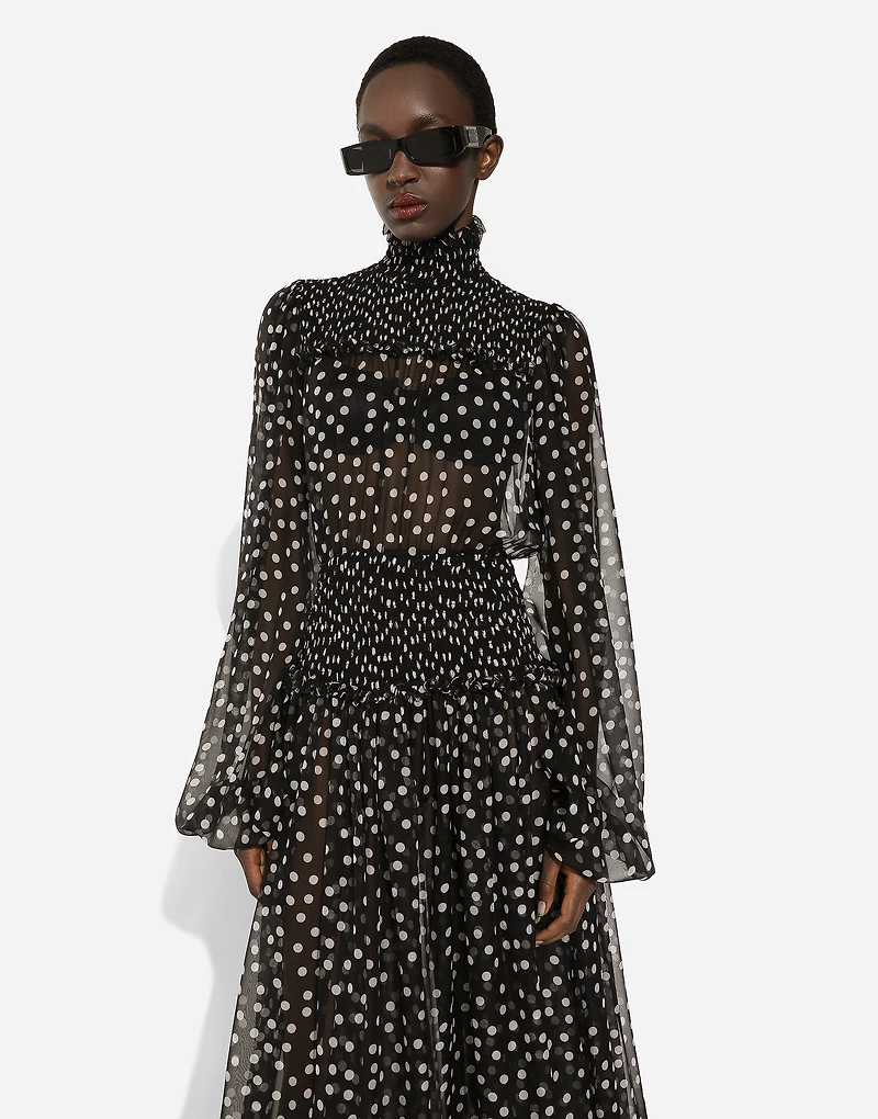Chiffon midi dress with smock stitching and micro-polka dot print