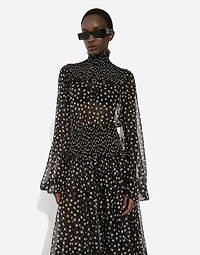 Chiffon midi dress with smock stitching and micro-polka dot print