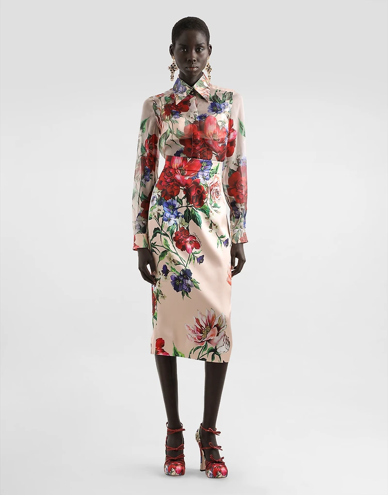 Long-sleeved floral-print chiffon shirt