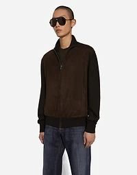 High-necked leather and wool jacket