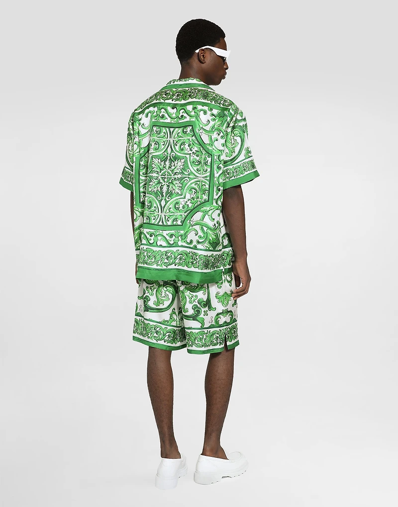 Silk twill Hawaiian shirt with majolica print