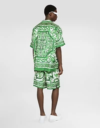 Silk twill Hawaiian shirt with majolica print