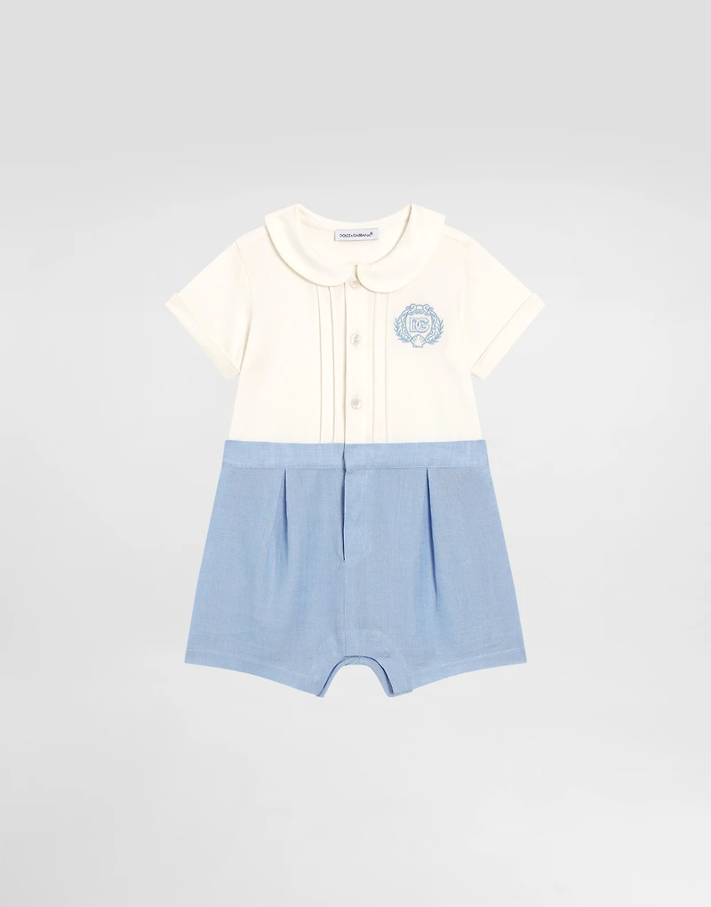 Short-sleeved interlock and linen romper with embroidery