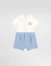 Short-sleeved interlock and linen romper with embroidery