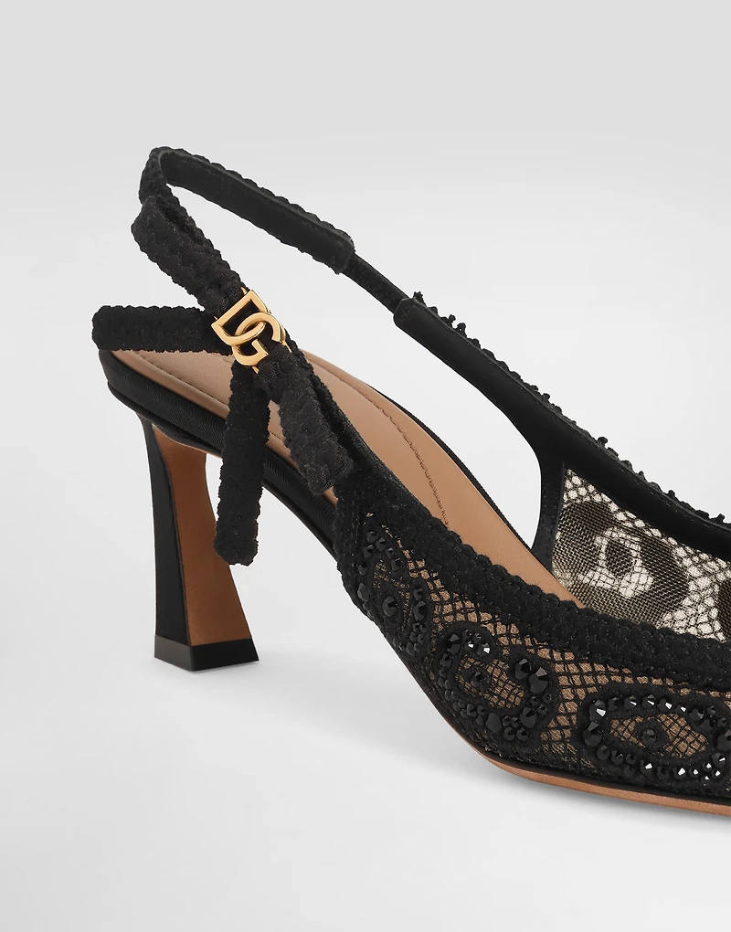 Leopard-design lace slingbacks with fusible rhinestones