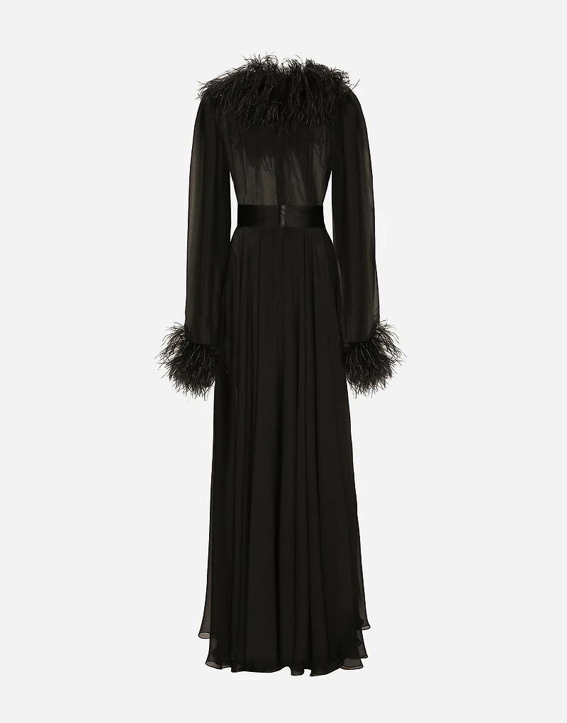 Long silk chiffon dress with ostrich feather details