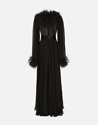 Long silk chiffon dress with ostrich feather details