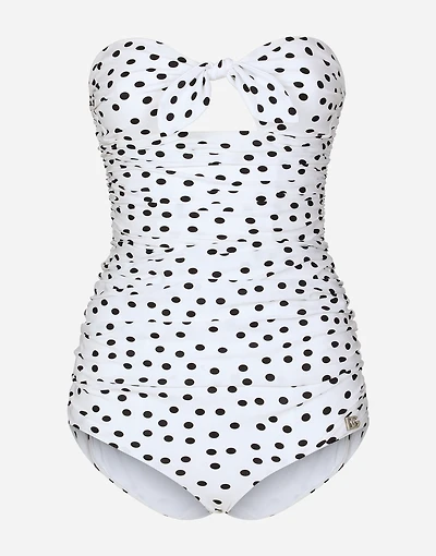 Polka-dot strapless one-piece swimsuit