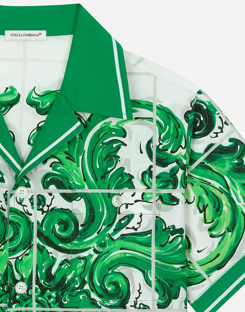 Poplin shirt with green majolica print