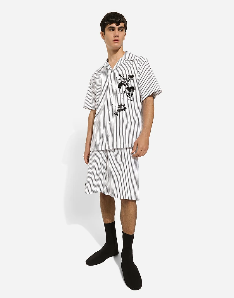 Striped poplin shorts with embroidery