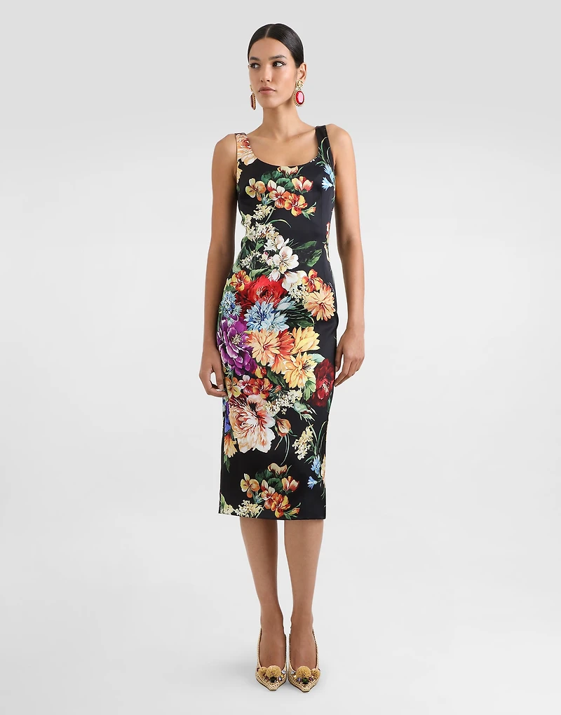 Flower-print fitted satin dress