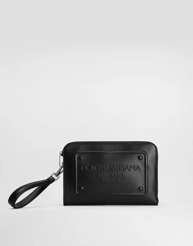 Small calfskin pouch with raised logo