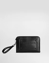 Small calfskin pouch with raised logo