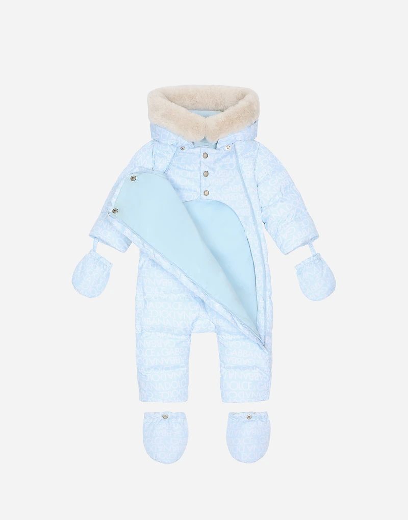 Padded quilted nylon snowsuit with all-over logo print