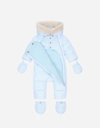 Padded quilted nylon snowsuit with all-over logo print