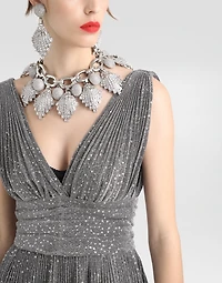 Long pleated dress with micro-sequin embellishment