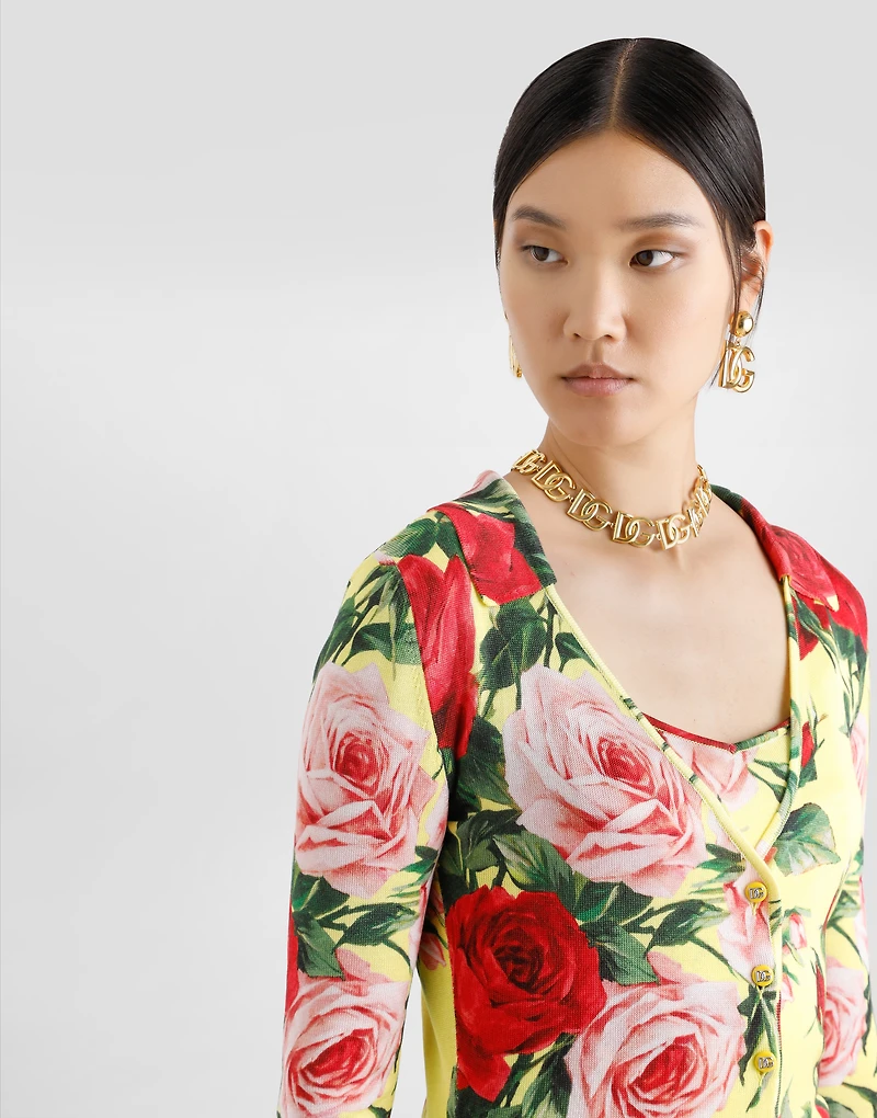 Silk knit cardigan with bouquet print