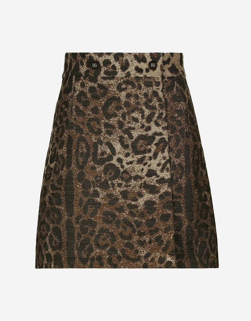 Short wool skirt with jacquard leopard design