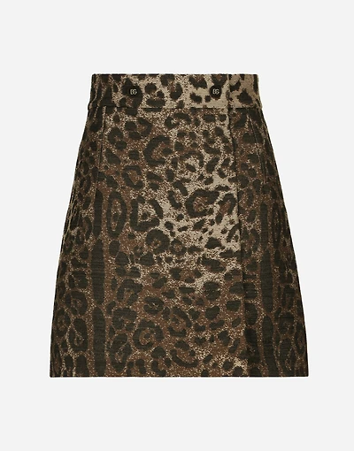 Short wool skirt with jacquard leopard design