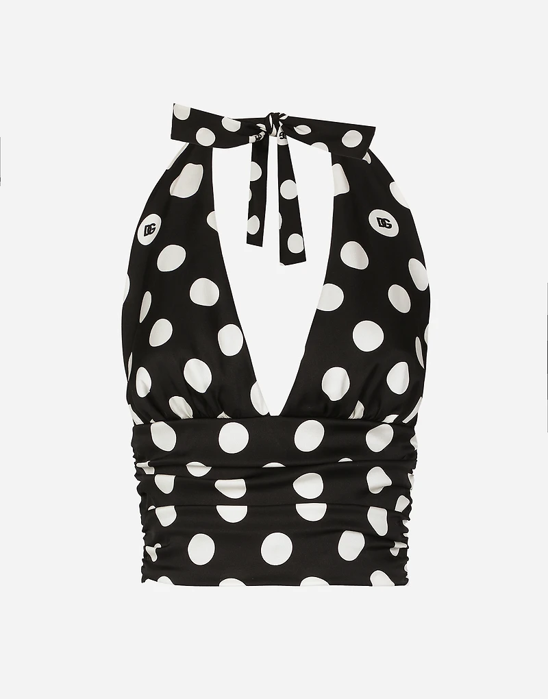 Polka-dot charmeuse top with plunging neckline