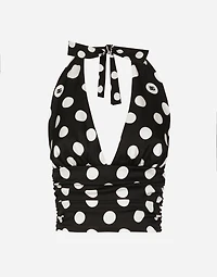 Polka-dot charmeuse top with plunging neckline