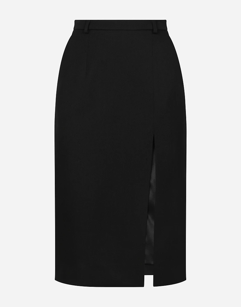 Calf-length wool gabardine skirt with slit