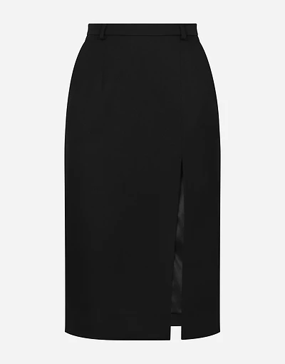 Calf-length wool gabardine skirt with slit
