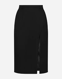 Calf-length wool gabardine skirt with slit