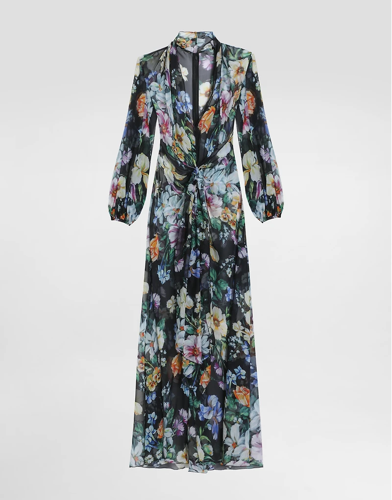 Long floral-print chiffon dress