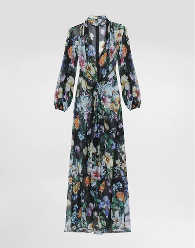 Long floral-print chiffon dress